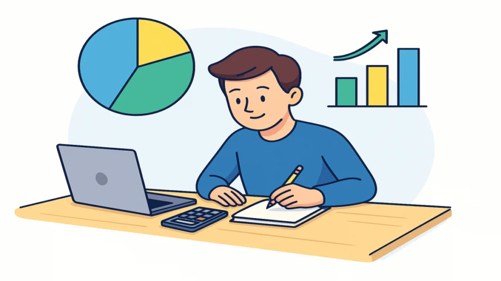 Flat illustration of a person budgeting at a desk with laptop, calculator, and pie chart in background — beginner’s guide to budgeting.